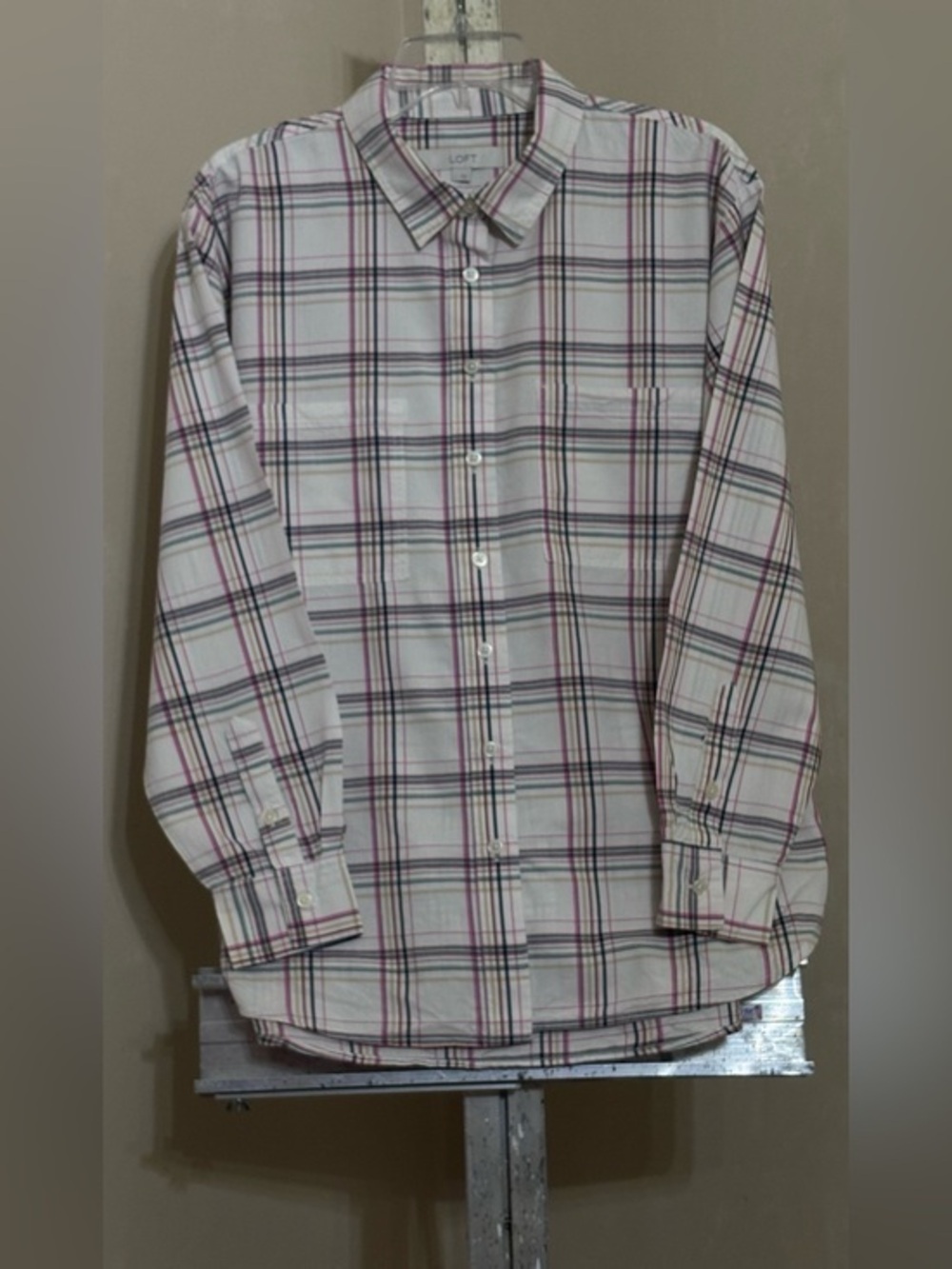LOFT White Plaid Button-Down Shirt with Pink and Black Stripes Sz L
